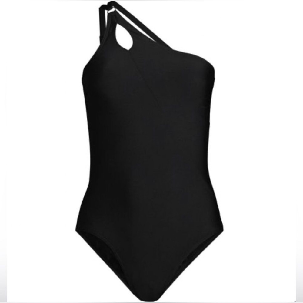 Lands' End UPF 50 Full Coverage Tummy Control One‎ Shoulder One Piece Black 24W